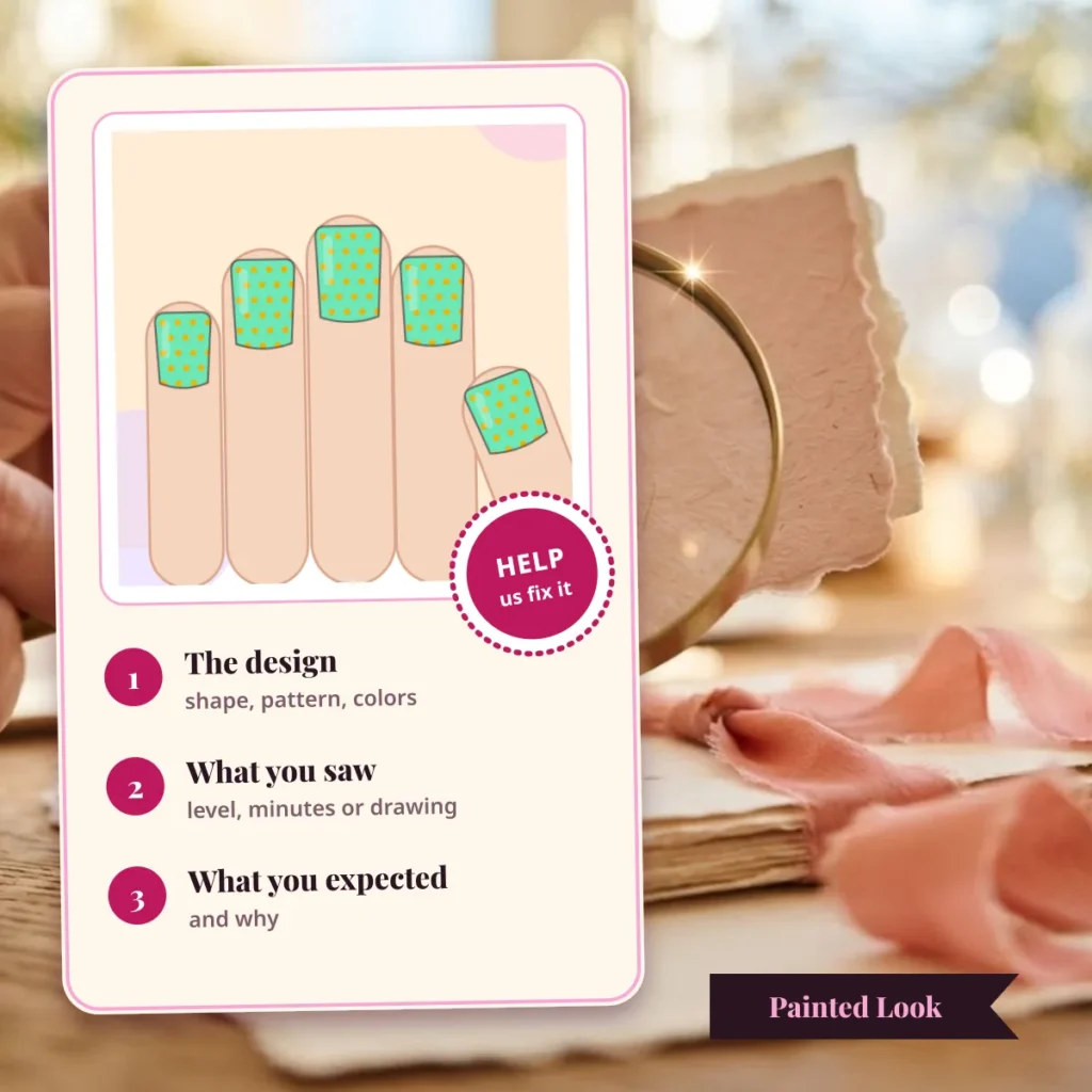 Three things to send when something is wrong: the design, what you saw and what you expected