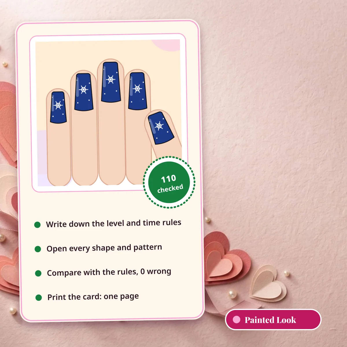 How Painted Look checks the studio: write the rules, open every shape and pattern, compare, print the card on one page