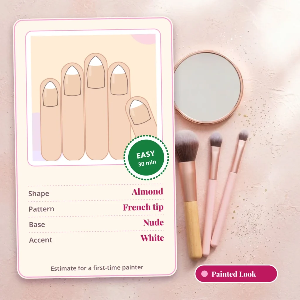Nail art design on almond nails: a white French tip on a nude base, Easy level and about 30 minutes