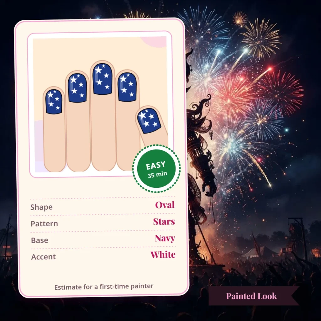 July 4th nail art design: white stars on navy oval nails, Easy level and about 35 minutes