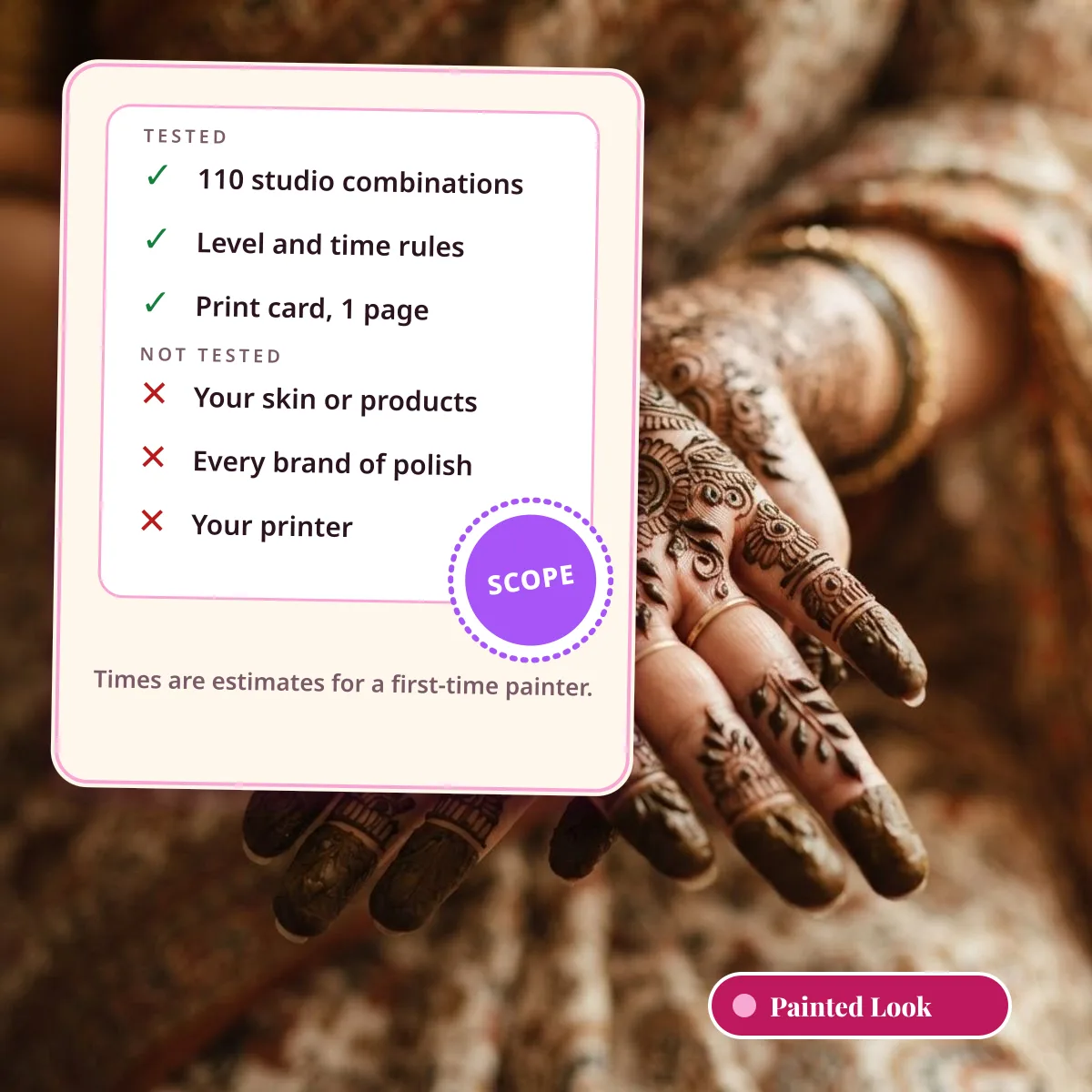 What was tested, 110 studio combinations and the print card, and what was not, such as your skin and every polish brand