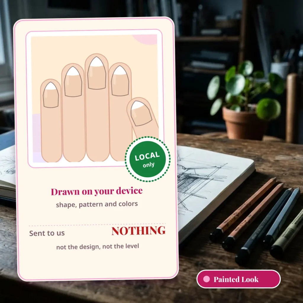 Your nail design is drawn on your device and nothing about it is sent to the server