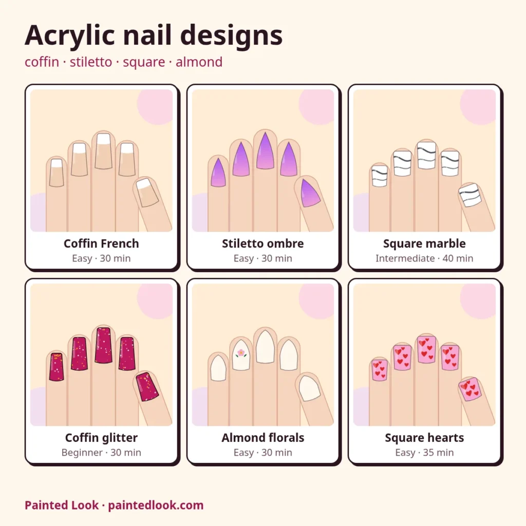 Six acrylic nail designs: coffin French, stiletto ombre, square marble, coffin glitter, almond florals and square hearts