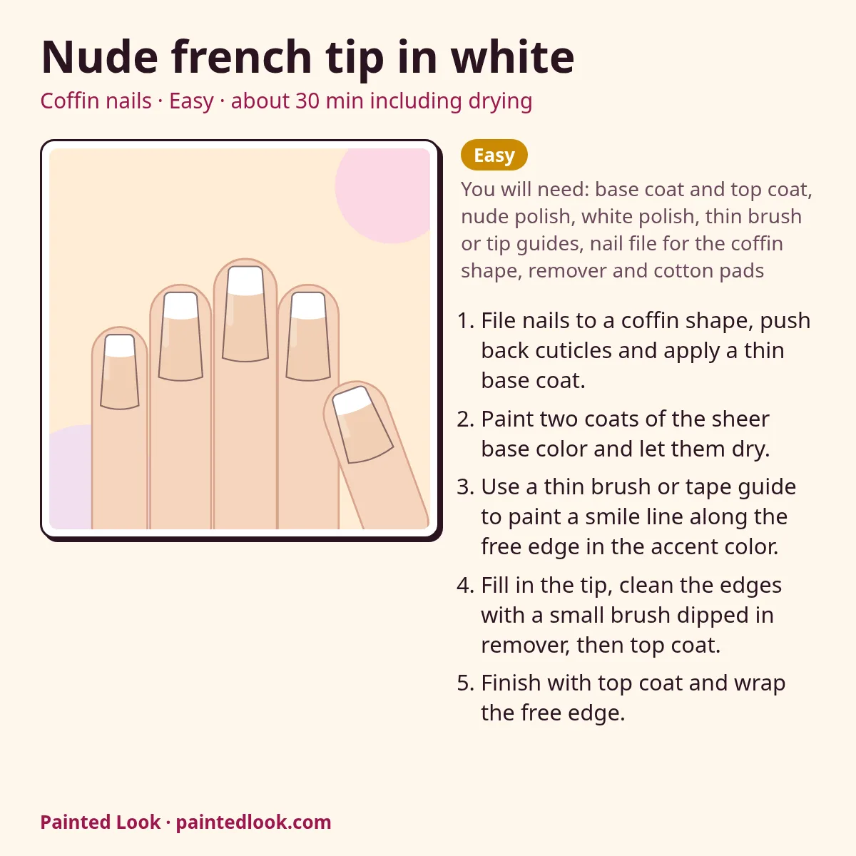 Coffin French acrylic nail recipe card with steps, level and time