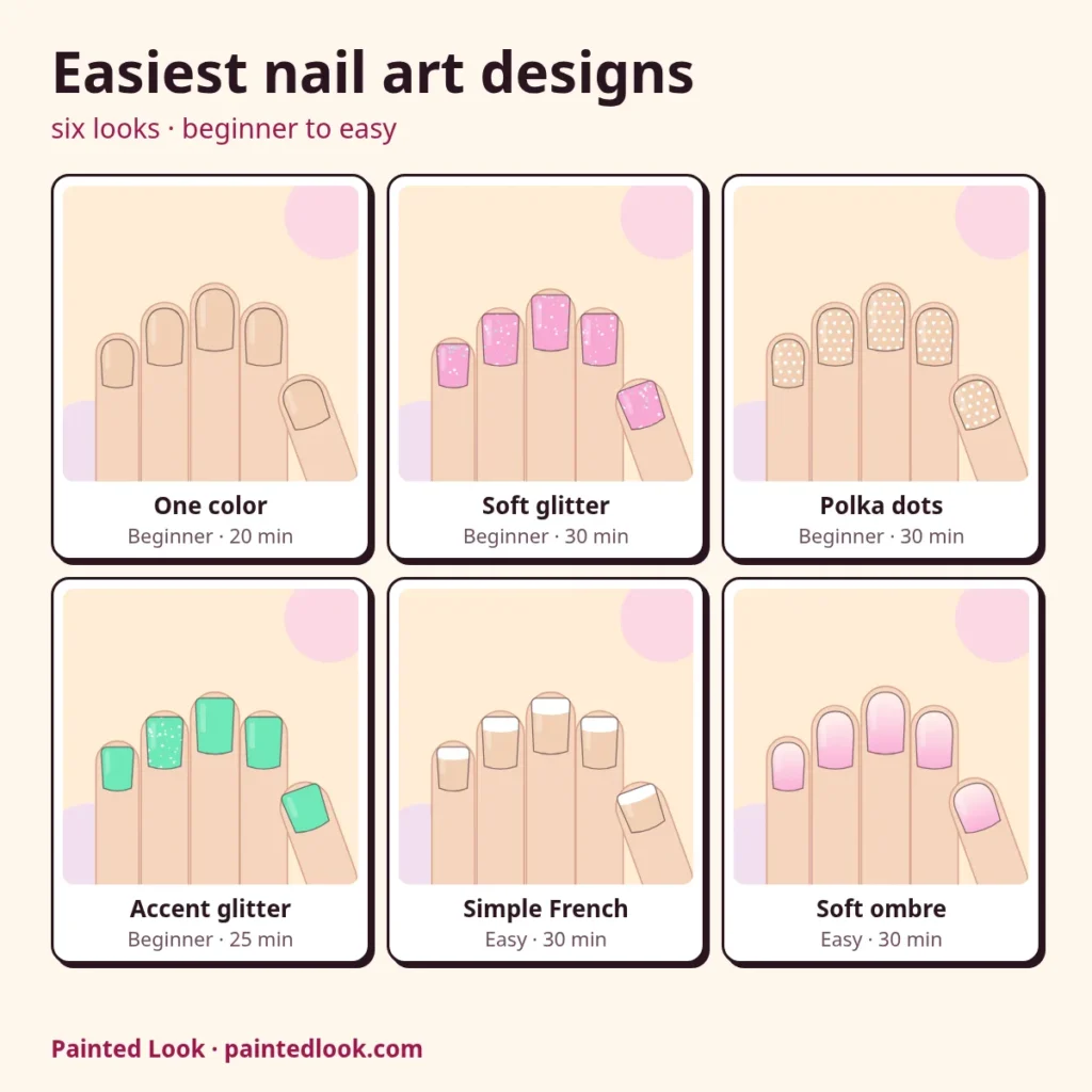Six easy nail art designs: one color, soft glitter, polka dots, accent glitter, simple French and soft ombre