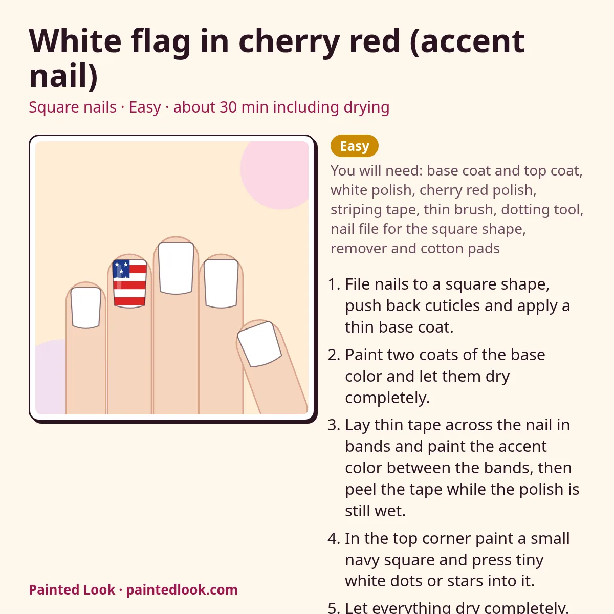 White flag accent nail recipe card with steps, level and time