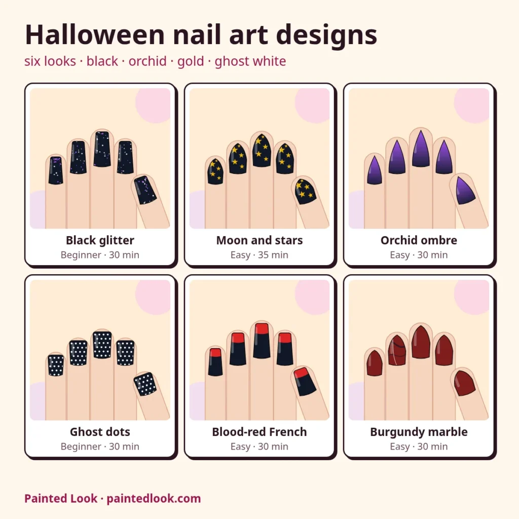 Six Halloween nail art designs: black glitter, moon and stars, orchid ombre, ghost dots, blood-red French and burgundy marble