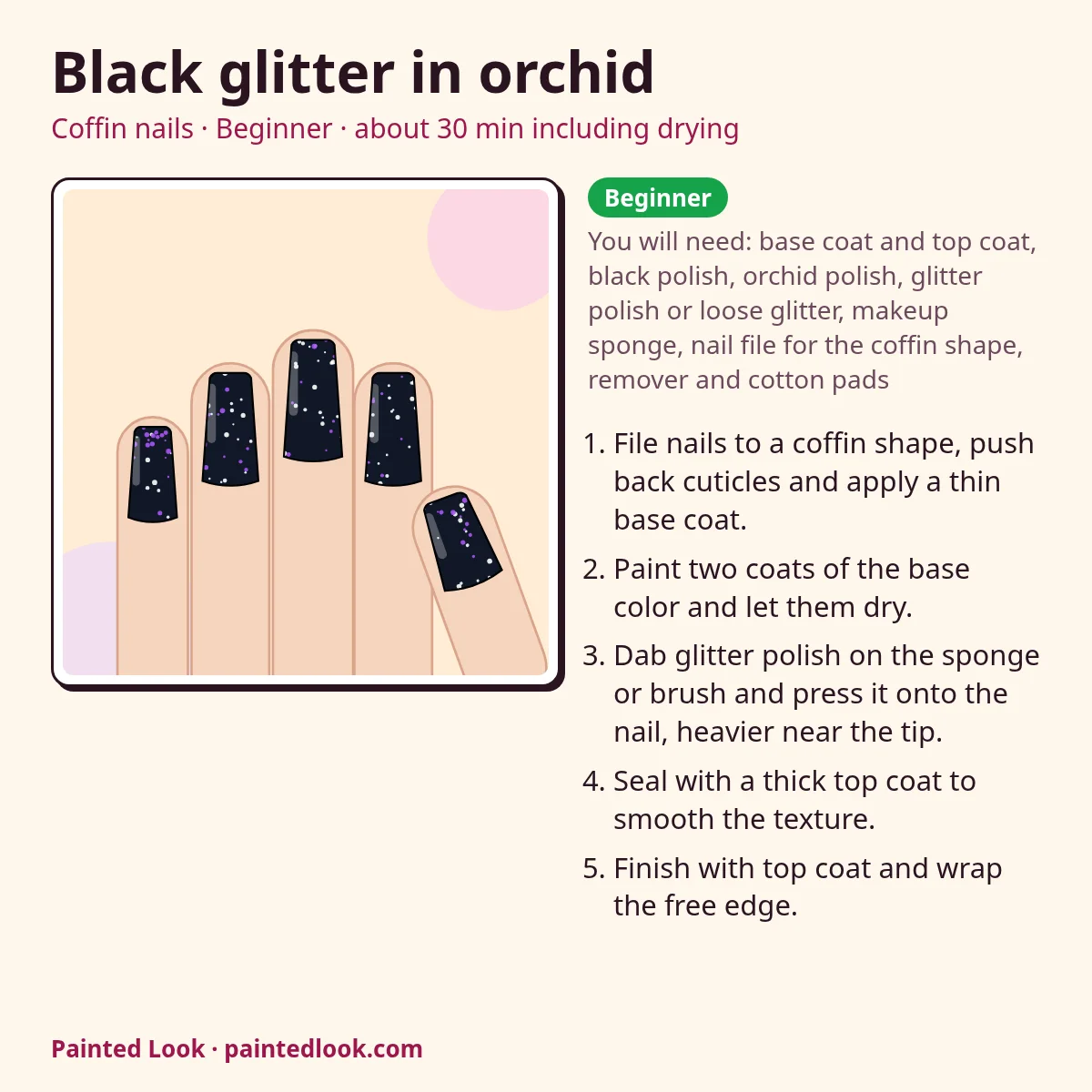 Moon and stars Halloween nail recipe card with steps, level and time