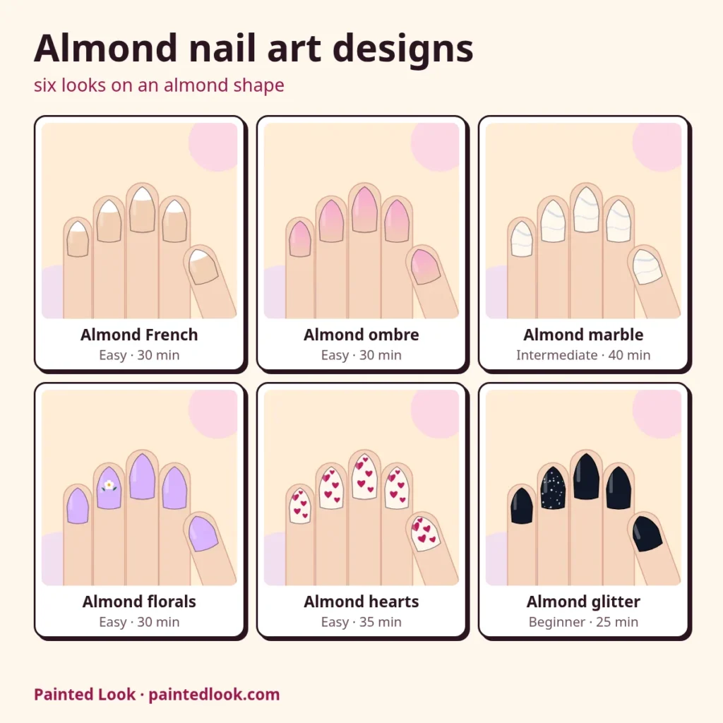 Six almond nail art designs: French, ombre, marble, florals, hearts and glitter