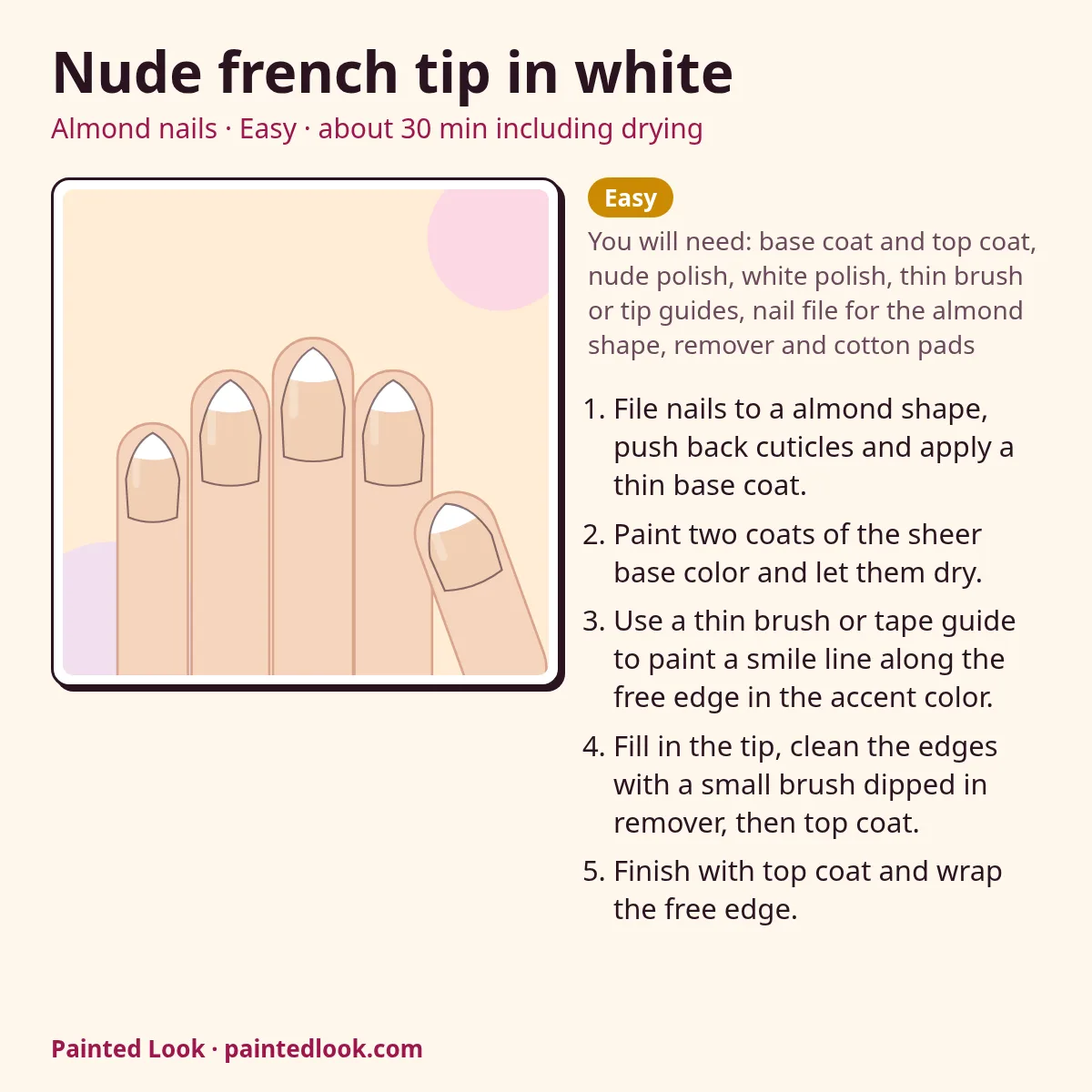 Almond French nail recipe card with steps, level and time