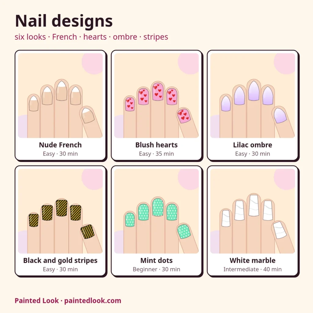 Six nail designs: nude French, blush hearts, lilac ombre, black and gold stripes, mint dots and white marble