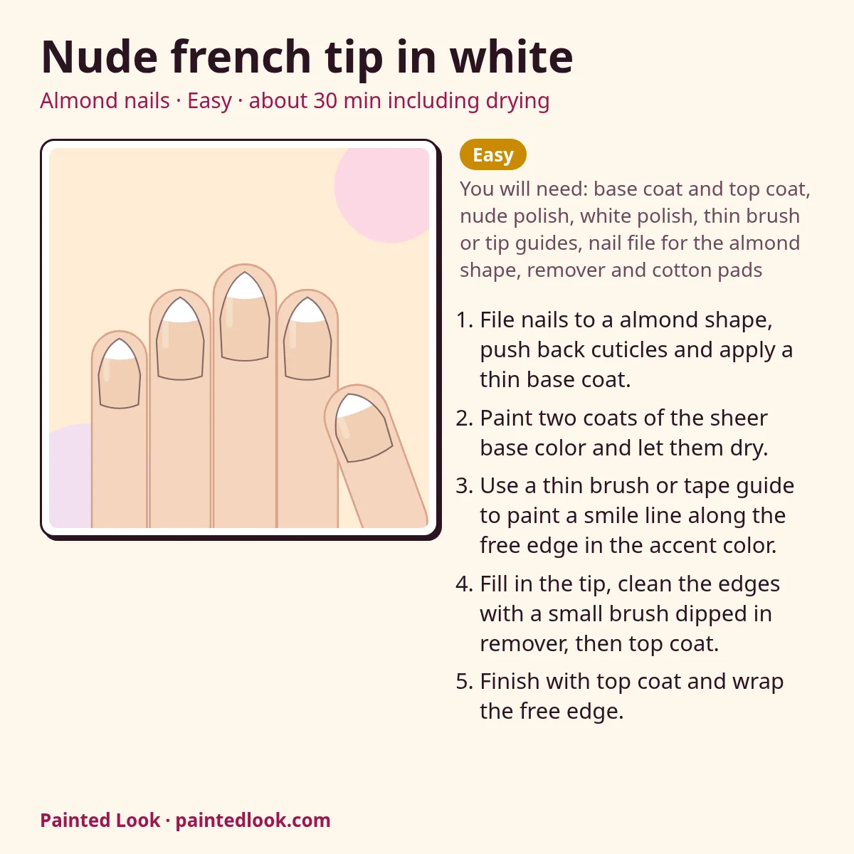 Nude French nail recipe card with steps, level and time