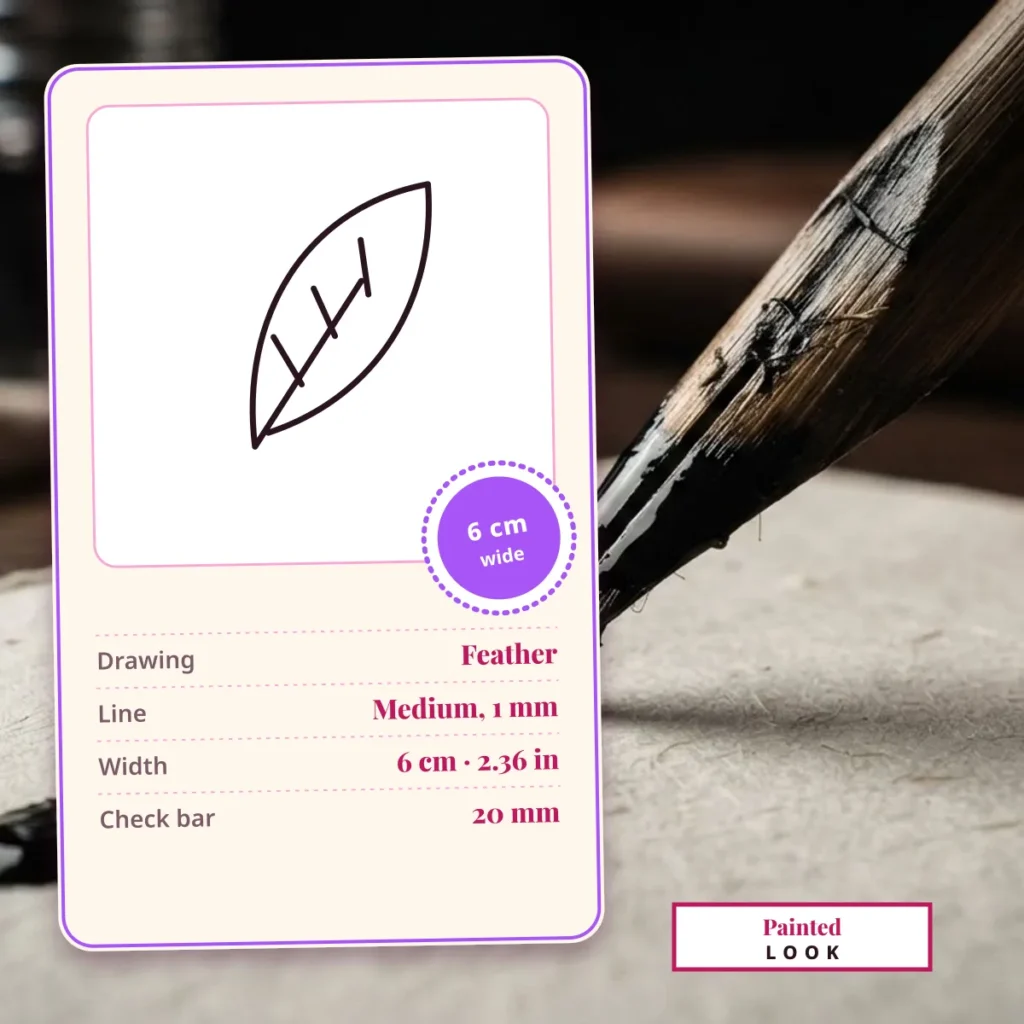 A feather line drawing, medium 1 mm line, 6 cm (2.36 in) wide, printed at true size with a 20 mm check bar